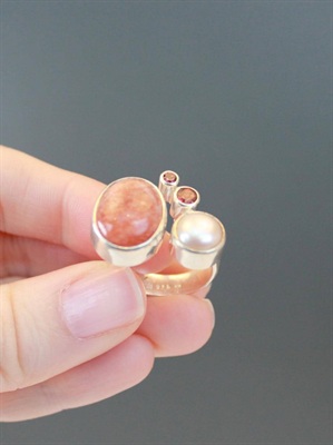 Vintage Handmade Sterling Silver Ring | Sunstone, Pearl, Garnet | Sculptural Art Statement Ring SIZE 8 view 10