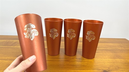Groovy Vintage Plastic Tumbler Cups | Burt Orange with Silver Mushrooms | MCM 1970's view 1
