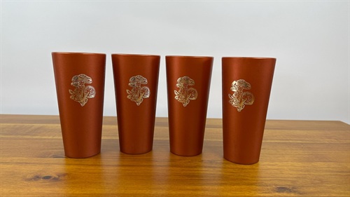 Groovy Vintage Plastic Tumbler Cups | Burt Orange with Silver Mushrooms | MCM 1970's view 2