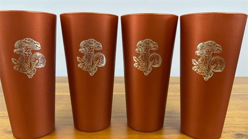 Groovy Vintage Plastic Tumbler Cups | Burt Orange with Silver Mushrooms | MCM 1970's view 4