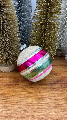 Vintage Mercury Glass Ornament- Shiny Brite Pink and Green Mica Stripes  1950's  Made in U.S.A. view 1