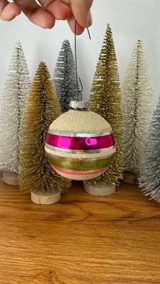 Vintage Mercury Glass Ornament- Shiny Brite Pink and Green Mica Stripes  1950's  Made in U.S.A. view 2