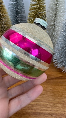 Vintage Mercury Glass Ornament- Shiny Brite Pink and Green Mica Stripes  1950's  Made in U.S.A. view 4