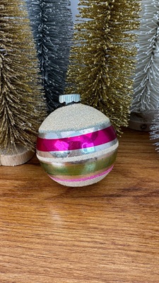 Vintage Mercury Glass Ornament- Shiny Brite Pink and Green Mica Stripes  1950's  Made in U.S.A. view 7