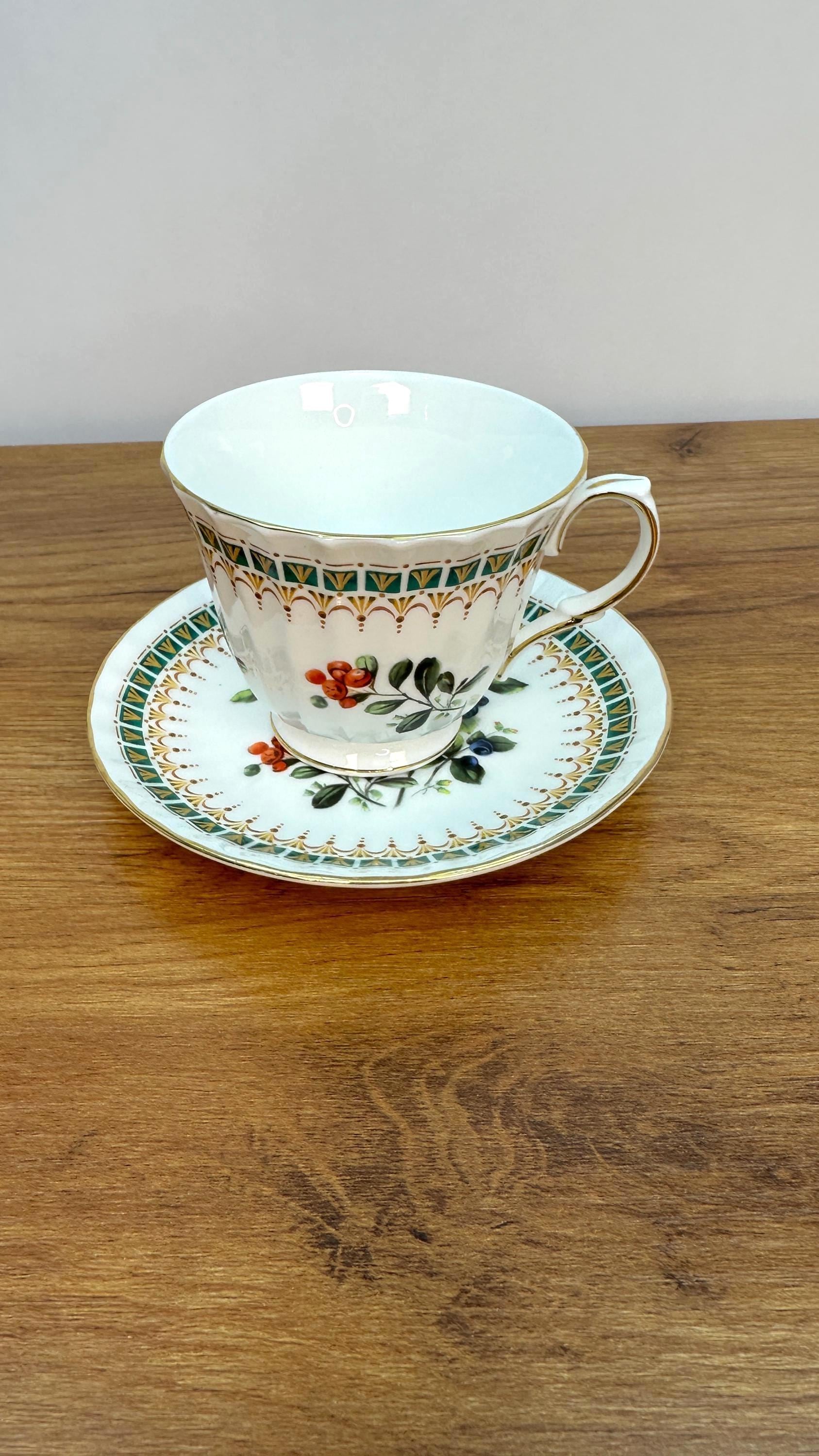 Vintage Teacup and Saucer | Duchess Kingsley Fruits Ribbed and Footed Tea Cup | English Bone China