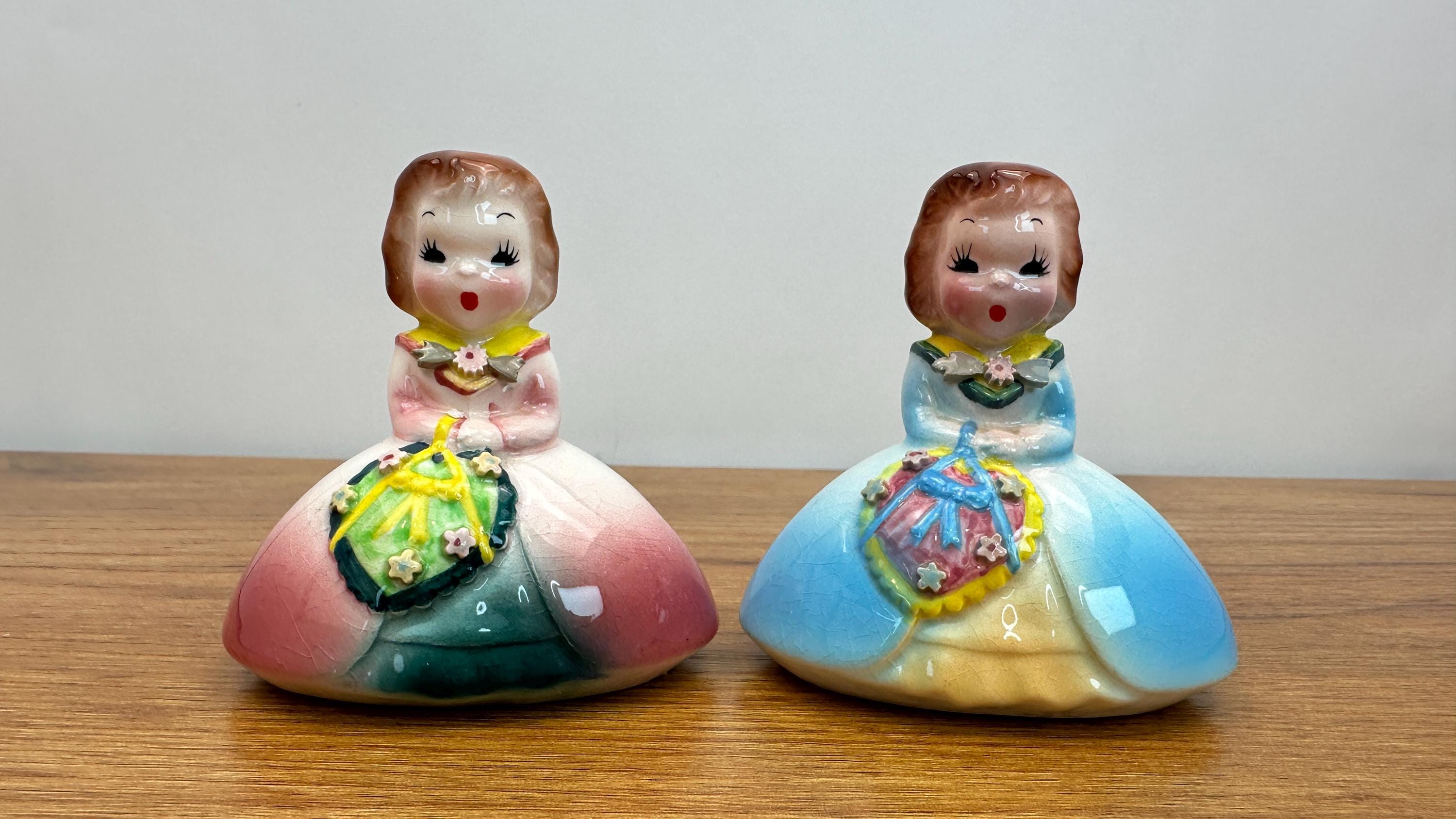 Vintage MCM Salt and Pepper Shakers Girls in Bell Dresses | Made in Japan
