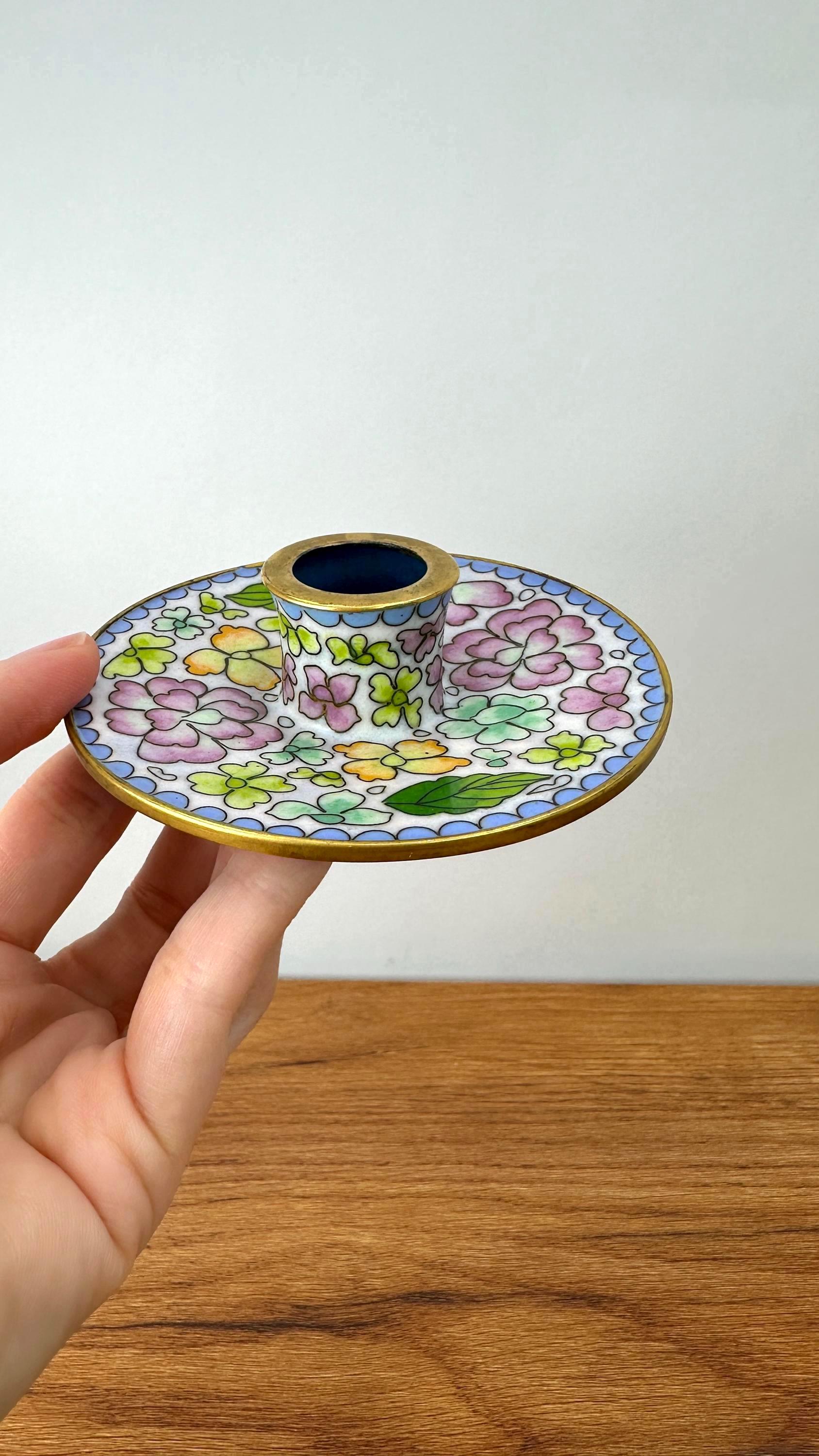 Vintage Cloisonne and Brass Candle Stick Holder - Floral Accents