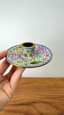Vintage Cloisonne and Brass Candle Stick Holder - Floral Accents view 1