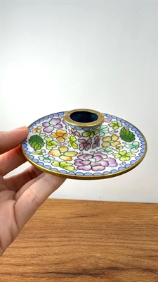 Vintage Cloisonne and Brass Candle Stick Holder - Floral Accents view 2