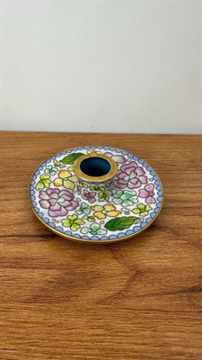 Vintage Cloisonne and Brass Candle Stick Holder - Floral Accents view 3