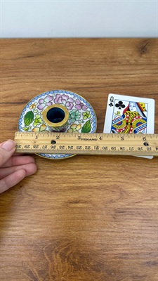 Vintage Cloisonne and Brass Candle Stick Holder - Floral Accents view 7