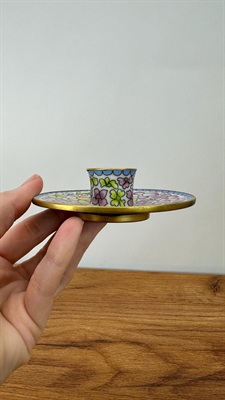 Vintage Cloisonne and Brass Candle Stick Holder - Floral Accents view 8