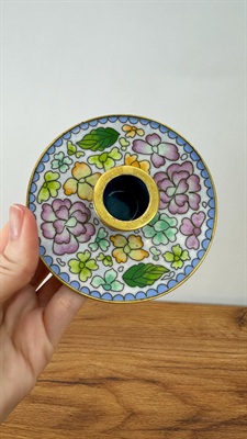 Vintage Cloisonne and Brass Candle Stick Holder - Floral Accents view 9