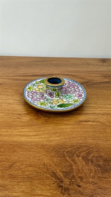 Vintage Cloisonne and Brass Candle Stick Holder - Floral Accents view 10