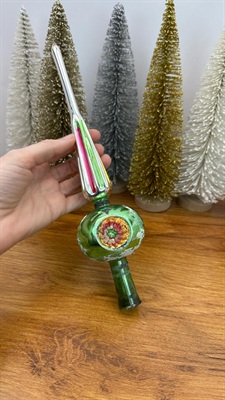 Vintage Triple Indent Glass Tree Topper Finial- Mica Glittered Blown Glass- 1950's view 1