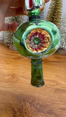 Vintage Triple Indent Glass Tree Topper Finial- Mica Glittered Blown Glass- 1950's view 4