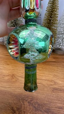 Vintage Triple Indent Glass Tree Topper Finial- Mica Glittered Blown Glass- 1950's view 7