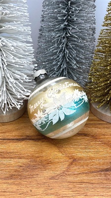 Vintage Mercury Glass Ornament- Merry Christmas Stenciled  - 1950's  Made in U.S.A. view 1