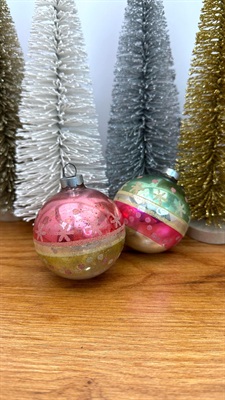 Vintage Mercury Glass Ornaments- Pink and Aqua Stripes and Mica Snowflakes-  1950's Made in U.S.A. view 1