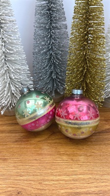 Vintage Mercury Glass Ornaments- Pink and Aqua Stripes and Mica Snowflakes-  1950's Made in U.S.A. view 2
