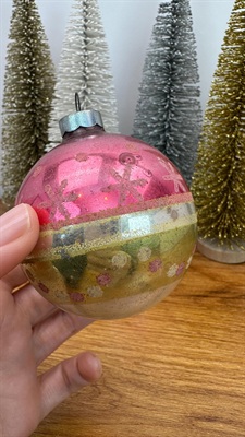 Vintage Mercury Glass Ornaments- Pink and Aqua Stripes and Mica Snowflakes-  1950's Made in U.S.A. view 3