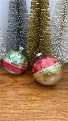 Vintage Mercury Glass Ornaments- Pink and Aqua Stripes and Mica Snowflakes-  1950's Made in U.S.A. view 6