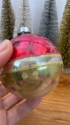 Vintage Mercury Glass Ornaments- Pink and Aqua Stripes and Mica Snowflakes-  1950's Made in U.S.A. view 7