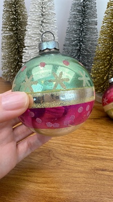 Vintage Mercury Glass Ornaments- Pink and Aqua Stripes and Mica Snowflakes-  1950's Made in U.S.A. view 8