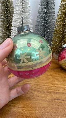 Vintage Mercury Glass Ornaments- Pink and Aqua Stripes and Mica Snowflakes-  1950's Made in U.S.A. view 10