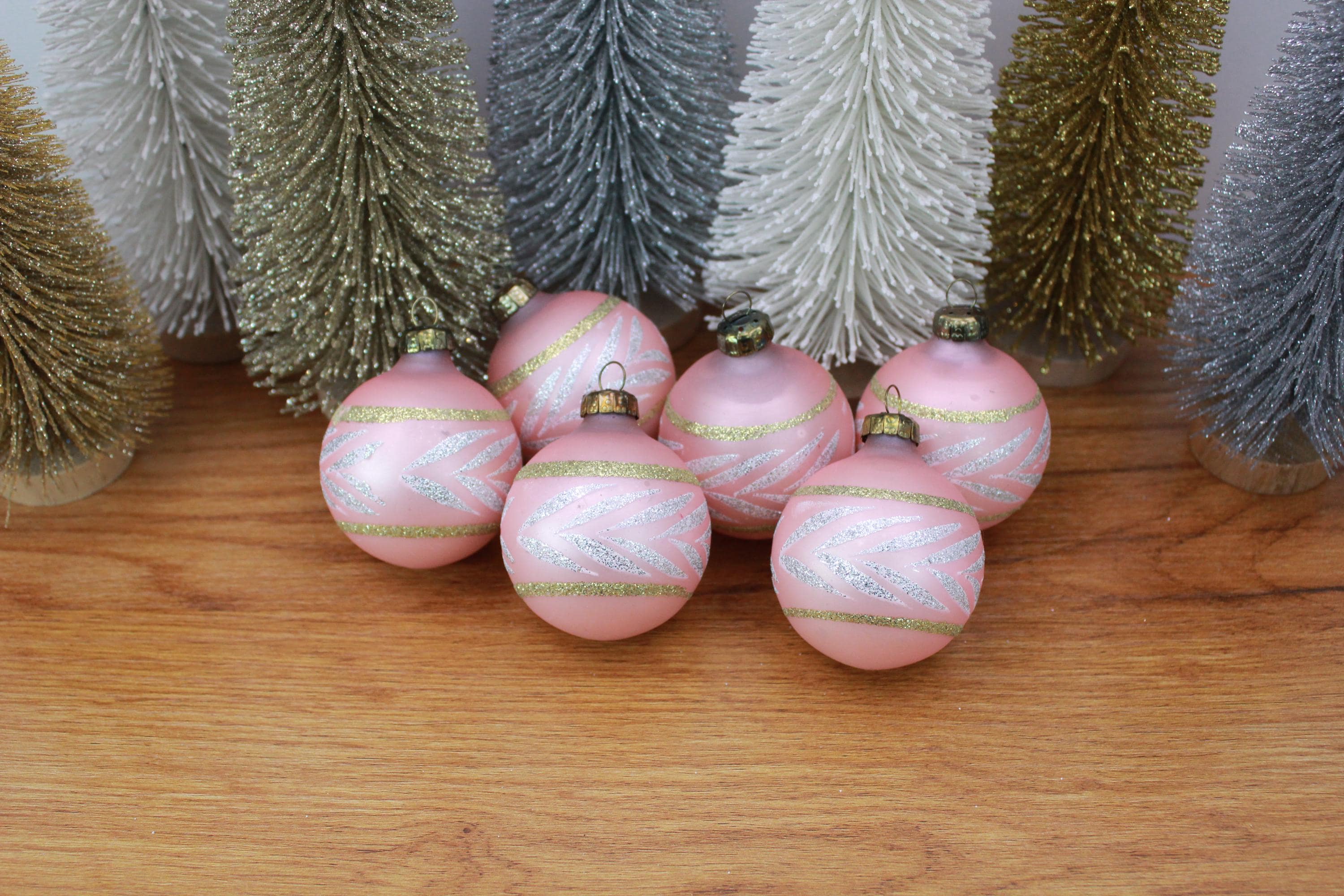 Vintage Pink Mercury Glass Ornaments with silver and Gold Glitter- SET OF 6