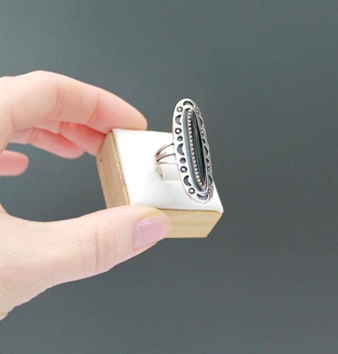 Vintage Navajo-Inspired Sterling Silver Black Onyx Ring, Celestial Motif Jewelry, Southwest Boho Style SIZE 7.5 view 1