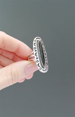 Vintage Navajo-Inspired Sterling Silver Black Onyx Ring, Celestial Motif Jewelry, Southwest Boho Style SIZE 7.5 view 5