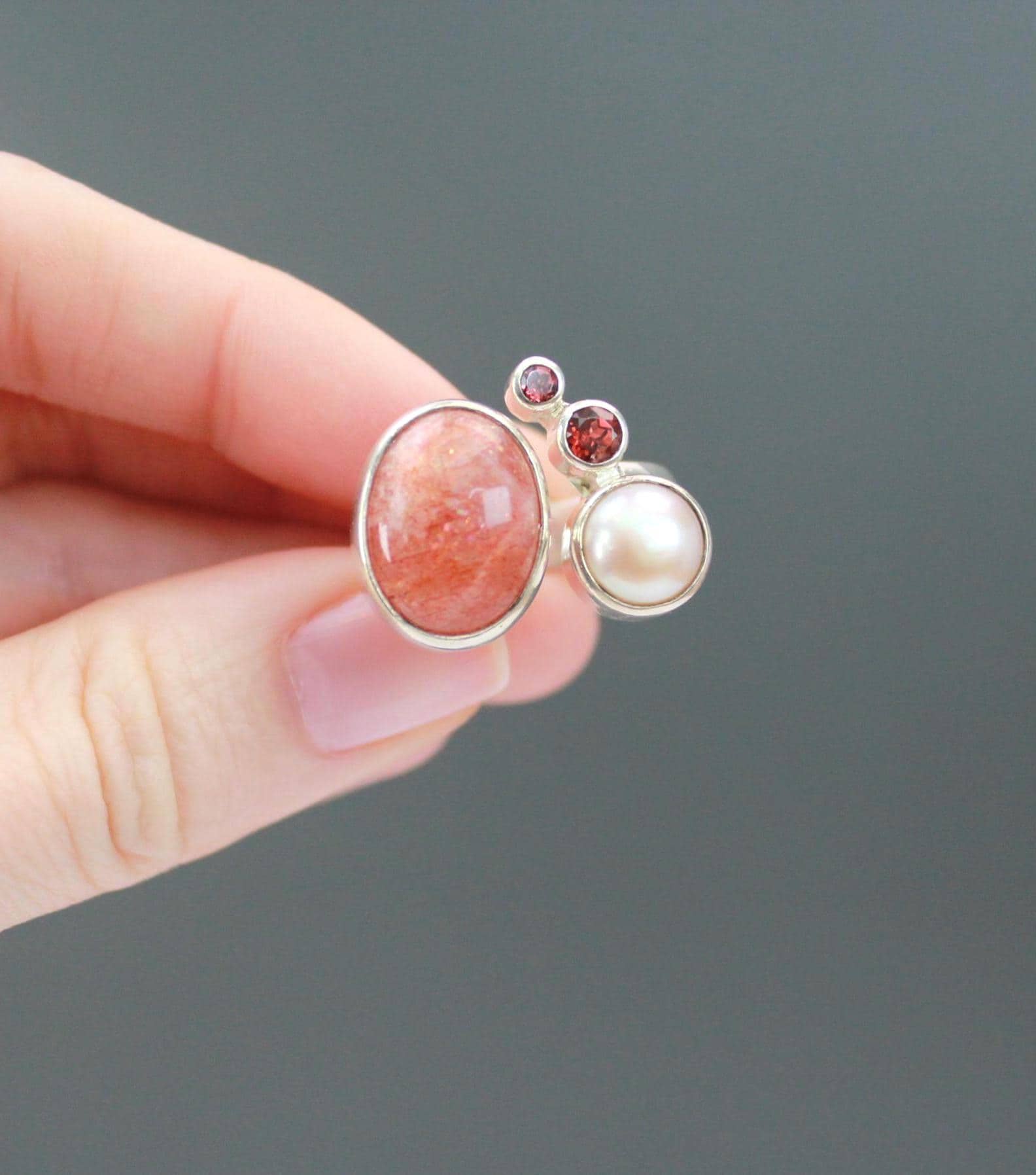 Vintage Handmade Sterling Silver Ring | Sunstone, Pearl, Garnet | Sculptural Art Statement Ring