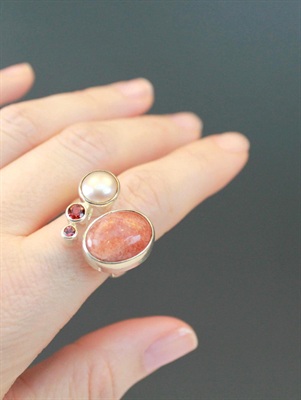Vintage Handmade Sterling Silver Ring | Sunstone, Pearl, Garnet | Sculptural Art Statement Ring view 4