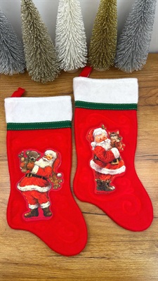 Vintage Christmas Stocking Giordano Art Santa with Cat & Santa with Teddy -1980's view 1