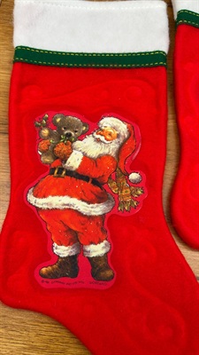 Vintage Christmas Stocking Giordano Art Santa with Cat & Santa with Teddy -1980's view 3