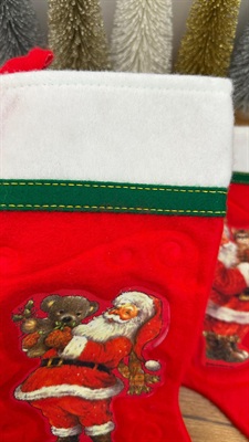 Vintage Christmas Stocking Giordano Art Santa with Cat & Santa with Teddy -1980's view 10