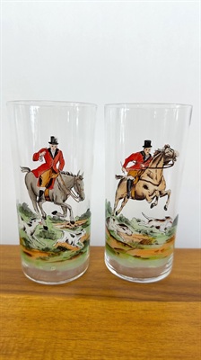 Vintage Hand Painted Highball Drinking Glasses Equestrienne  Fox Hunt-Made in Czechoslovakia Early 1900's