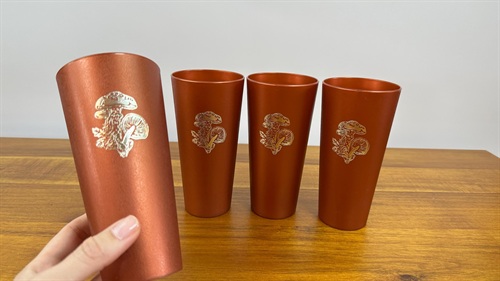 Vintage 1970's Copper Burnt Orange Plastic Tumbler Cups with Silver Mushrooms MCM Nasco view 4