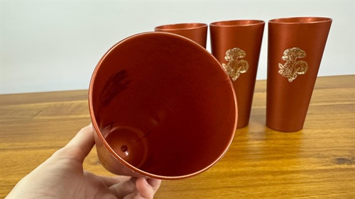 Vintage 1970's Copper Burnt Orange Plastic Tumbler Cups with Silver Mushrooms MCM Nasco view 6