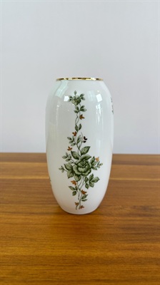 Vintage Hollohaza Hungary Porcelain Vase White with Gold Trim and Green Floral Pattern view 1