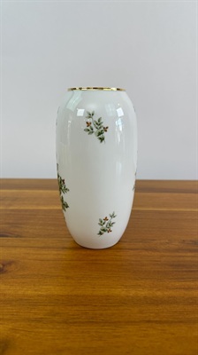 Vintage Hollohaza Hungary Porcelain Vase White with Gold Trim and Green Floral Pattern view 2