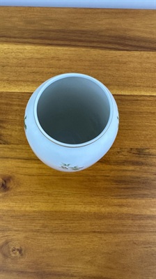 Vintage Hollohaza Hungary Porcelain Vase White with Gold Trim and Green Floral Pattern view 3