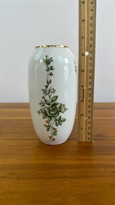 Vintage Hollohaza Hungary Porcelain Vase White with Gold Trim and Green Floral Pattern view 4