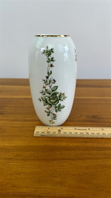 Vintage Hollohaza Hungary Porcelain Vase White with Gold Trim and Green Floral Pattern view 6