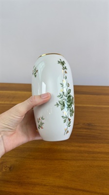 Vintage Hollohaza Hungary Porcelain Vase White with Gold Trim and Green Floral Pattern view 7