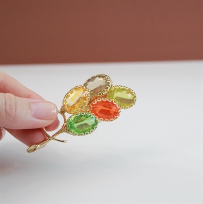 Vintage Fruit Salad Brooch-Floral Vintage Pin with Glass Stones in Gold Tone Setting view 8