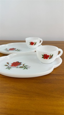 Vintage Federal Glass Milk Glass Snack Set "Rosecrest" Cup and Snack Plate Set - Luncheon Set of 2 view 2