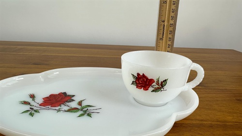 Vintage Federal Glass Milk Glass Snack Set "Rosecrest" Cup and Snack Plate Set - Luncheon Set of 2 view 4