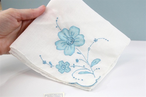Vintage Handkerchief Handmade in Madeira Spain | White Hankie with Embroidered Blue Flower | Unused Vintage view 1